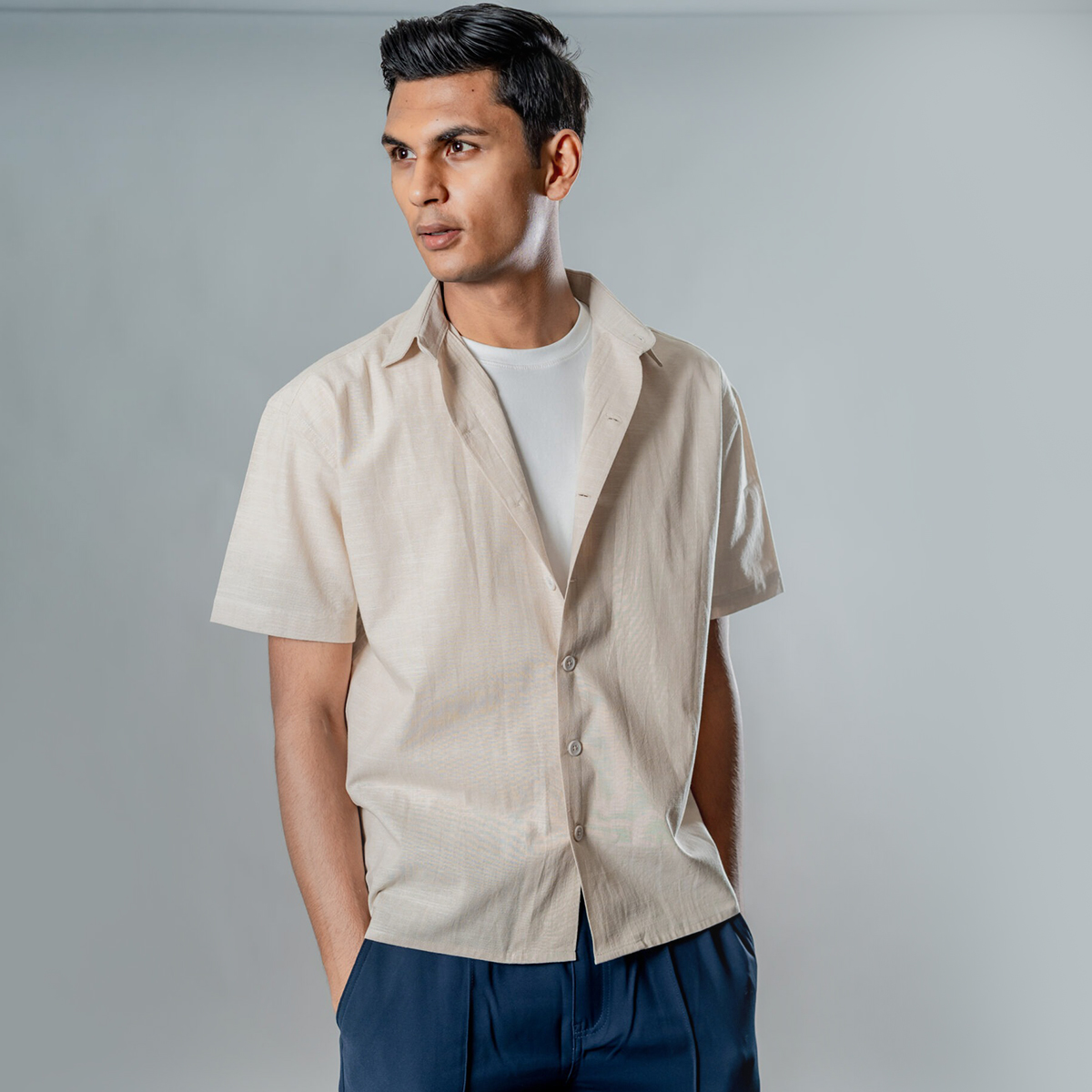 Picture of Mad Koffee Linen Box Fit Oversized Half Sleeve Shirt — Vanilla Dust