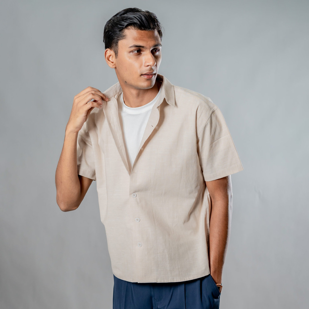 Picture of Mad Koffee Linen Box Fit Oversized Half Sleeve Shirt — Vanilla Dust