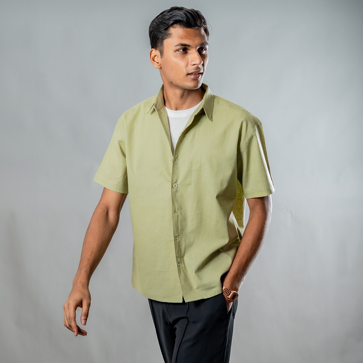 Picture of Mad Koffee Linen Box Fit Oversized Half Sleeve Shirt — Dusty Sage