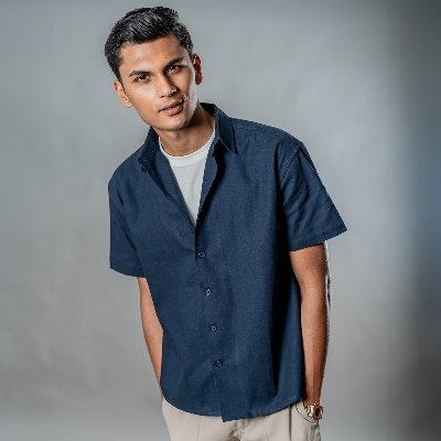 Picture of Mad Koffee Linen Box Fit Oversized Half Sleeve Shirt — Midnight Navy
