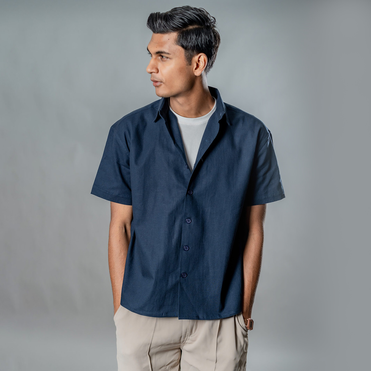 Picture of Mad Koffee Linen Box Fit Oversized Half Sleeve Shirt — Midnight Navy