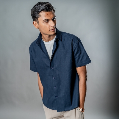 Picture of Mad Koffee Linen Box Fit Oversized Half Sleeve Shirt — Midnight Navy