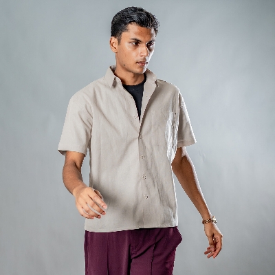 Picture of Mad Koffee Linen Box Fit Oversized Half Sleeve Shirt — Light Beige