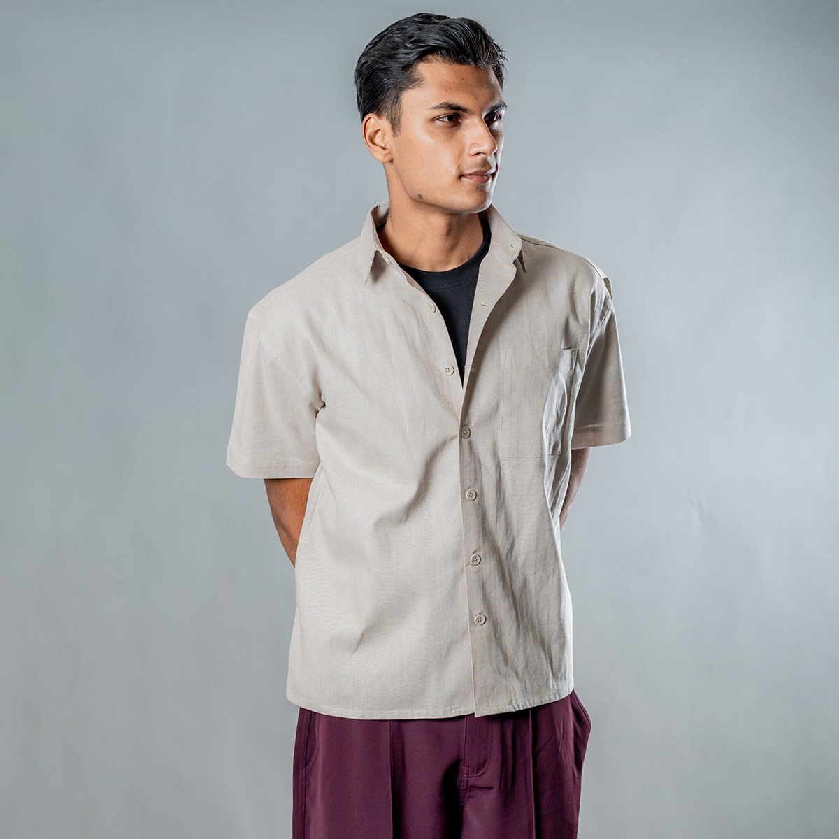 Picture of Mad Koffee Linen Box Fit Oversized Half Sleeve Shirt — Light Beige
