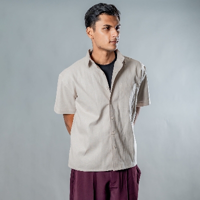 Picture of Mad Koffee Linen Box Fit Oversized Half Sleeve Shirt — Light Beige
