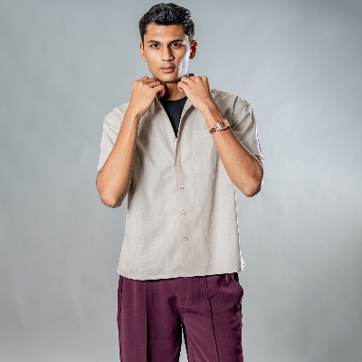 Picture of Mad Koffee Linen Box Fit Oversized Half Sleeve Shirt — Light Beige