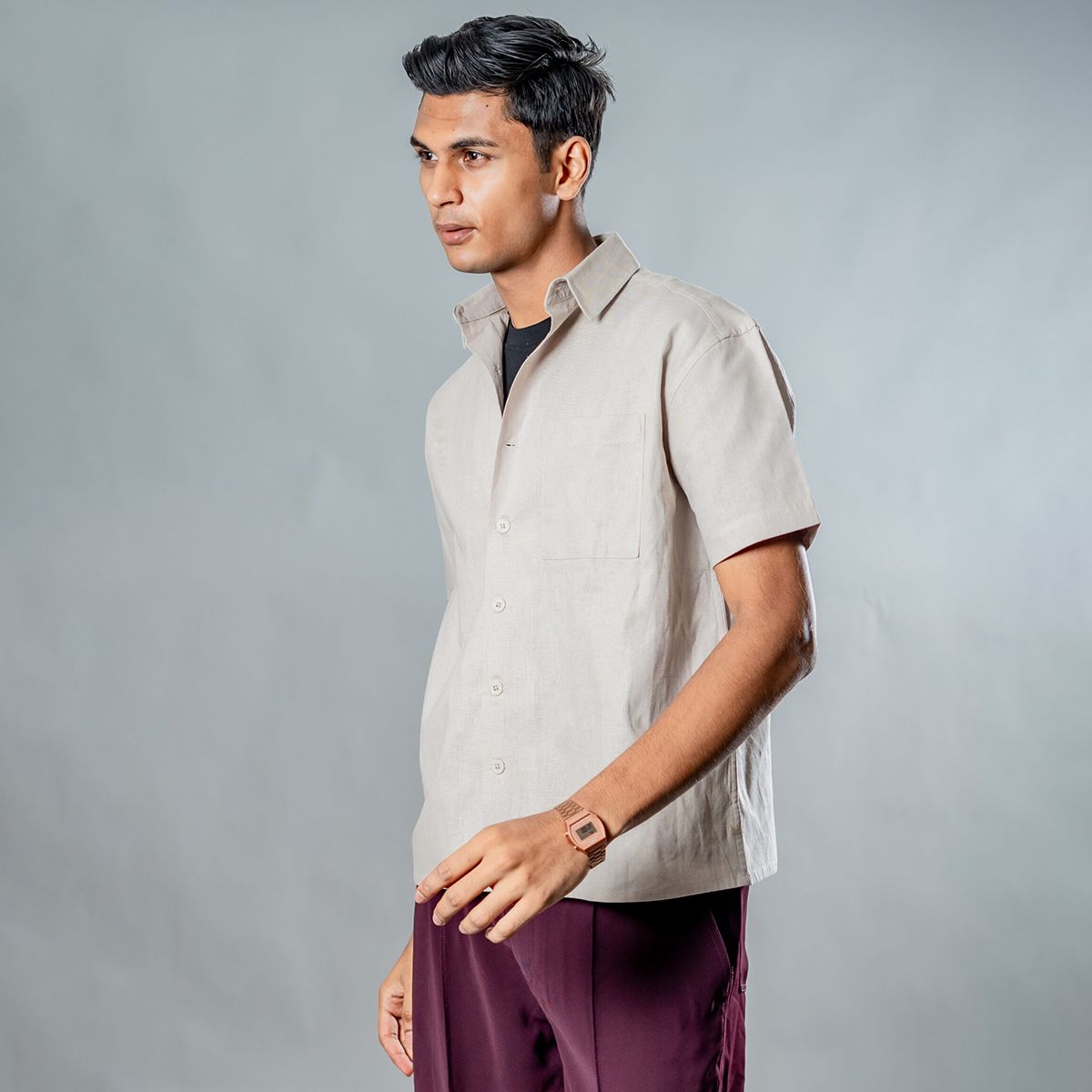 Picture of Mad Koffee Linen Box Fit Oversized Half Sleeve Shirt — Light Beige