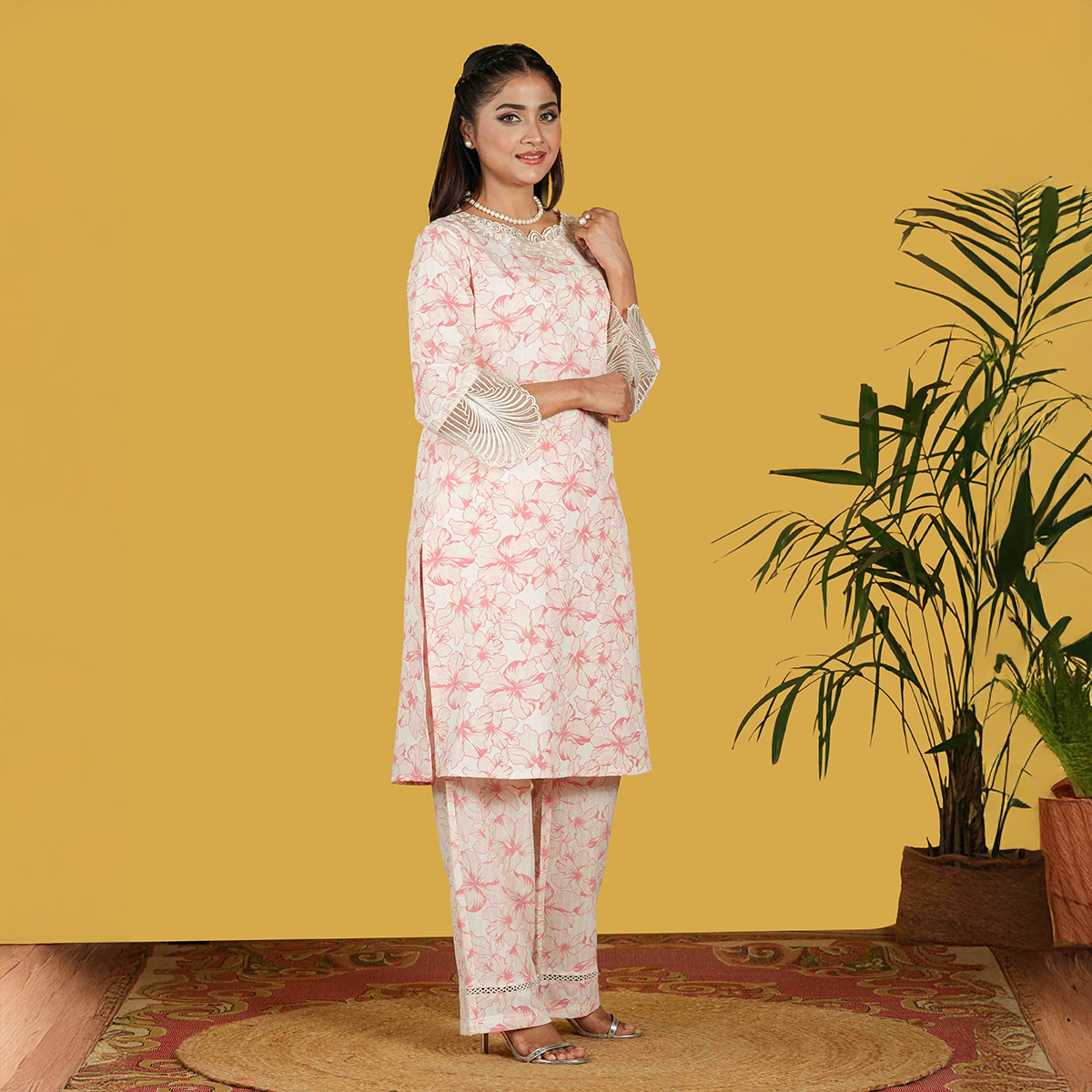 Picture of TORR White/Pink Aop Women's Co-Ord Set