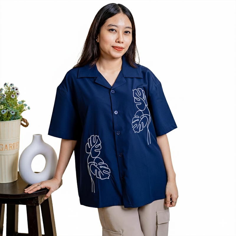 Picture of Mad Koffee Women’s Embroidery Cuban Shirts — Midnight Navy