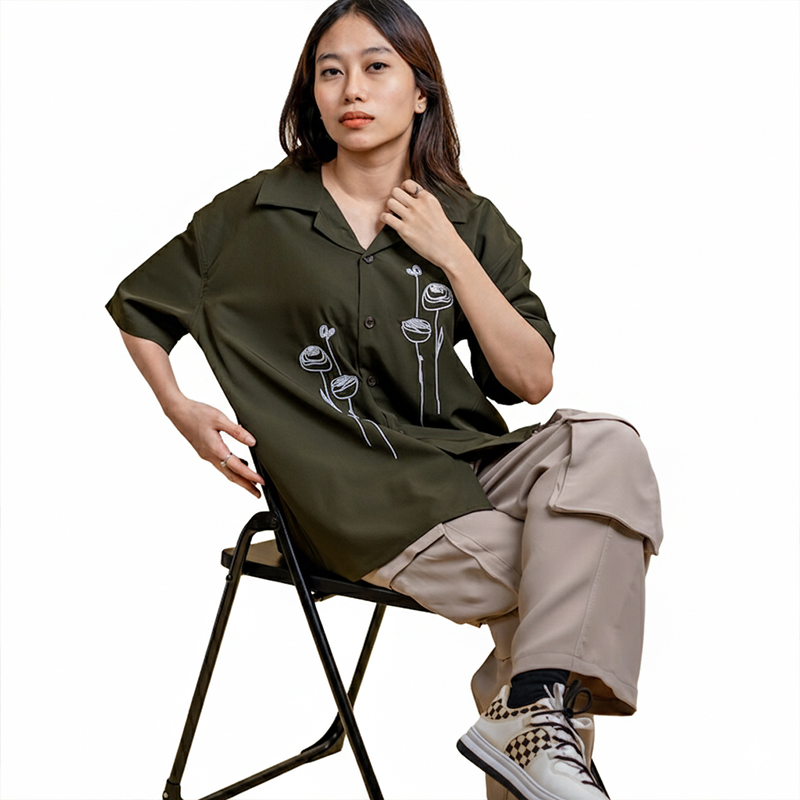 Picture of Mad Koffee Women’s Embroidery Cuban Shirts — Olive