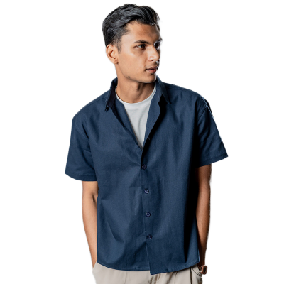 Picture of Mad Koffee Linen Box Fit Oversized Half Sleeve Shirt — Midnight Navy
