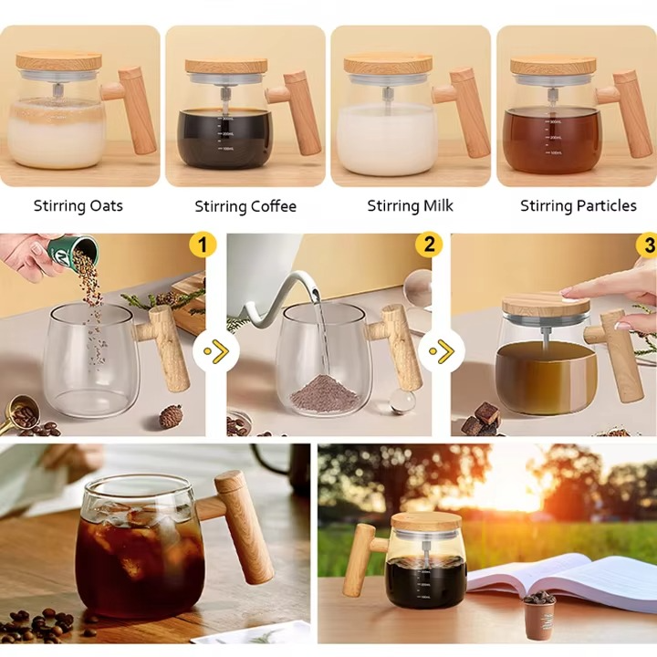 Picture of Thickening Heat Resistant Glass Mug Automatic Mixing Cup Milk Coffee Breakfast Cup with lid and handle For Home Office