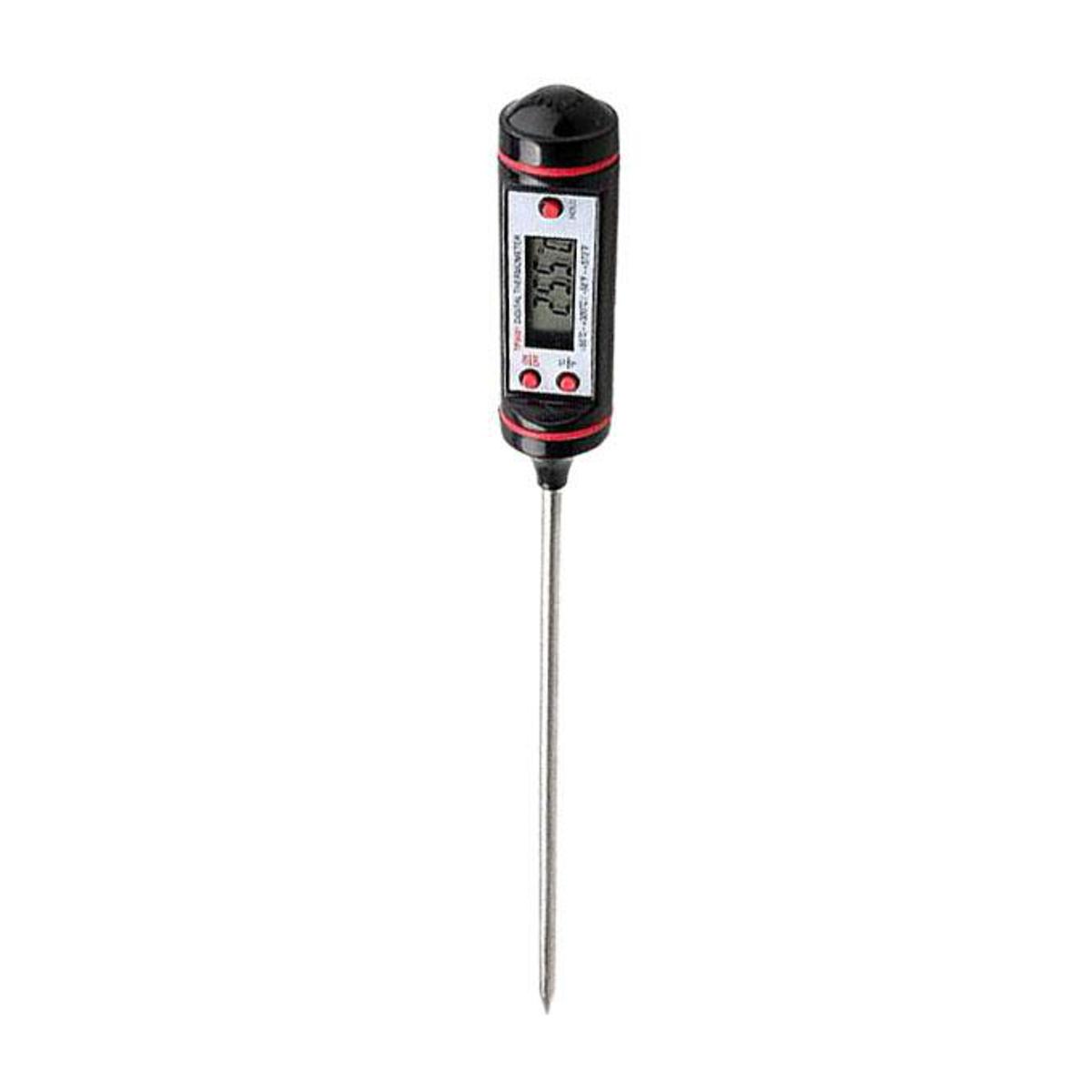 Picture of Digital laboratory thermometer and food with tip
