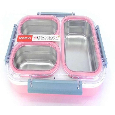 Picture of Clastik Tedmei Stainless Steel School Lunch Box for Kids and teenager,Transparent Lid - 1.2 Ltrs 3 Containers Lunch Box (1200 ml)