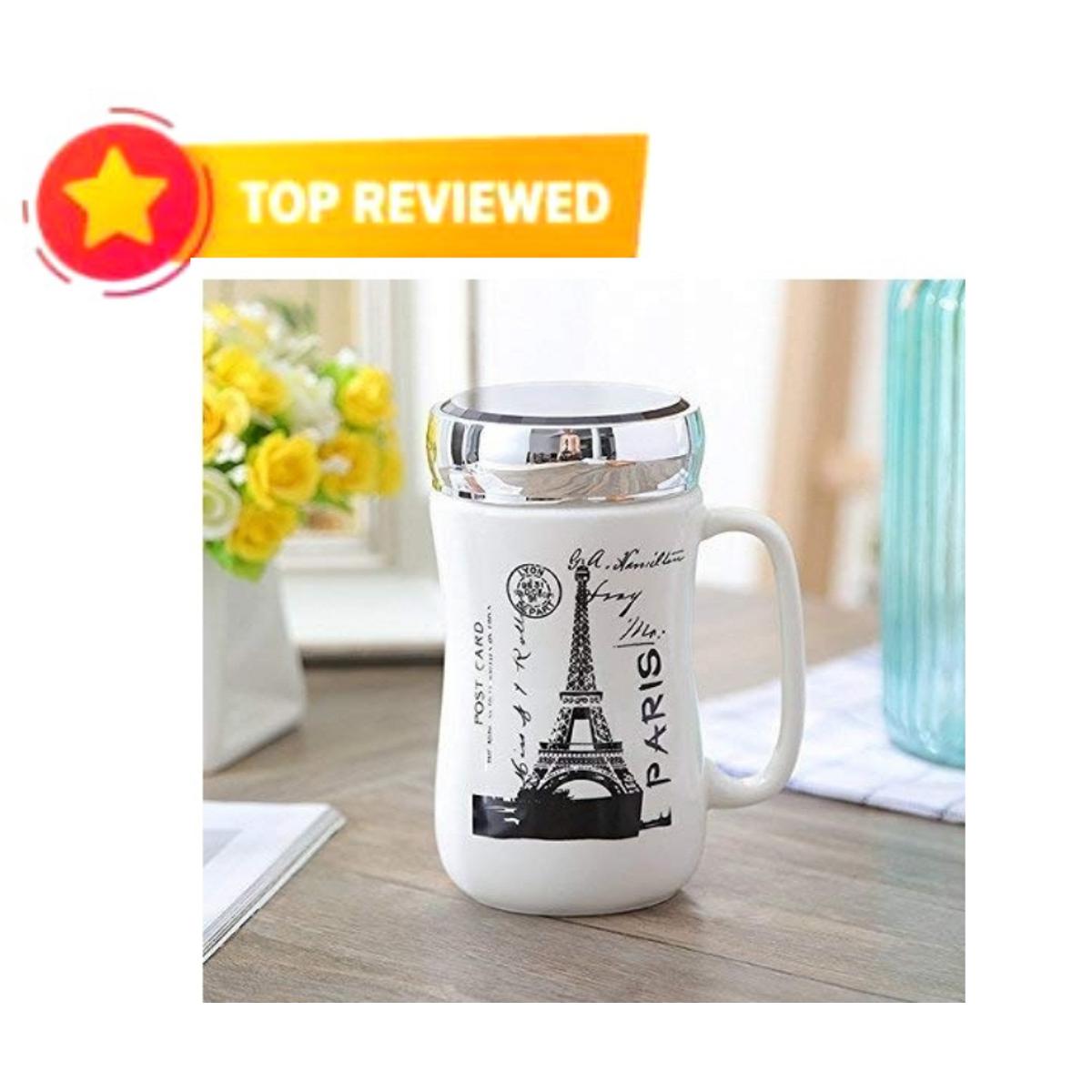 Picture of Ceramic Coffee Mug With Mirror Lid - 1 Piece, White, 400 ml,coffe mug,tea mug with lid, country mug