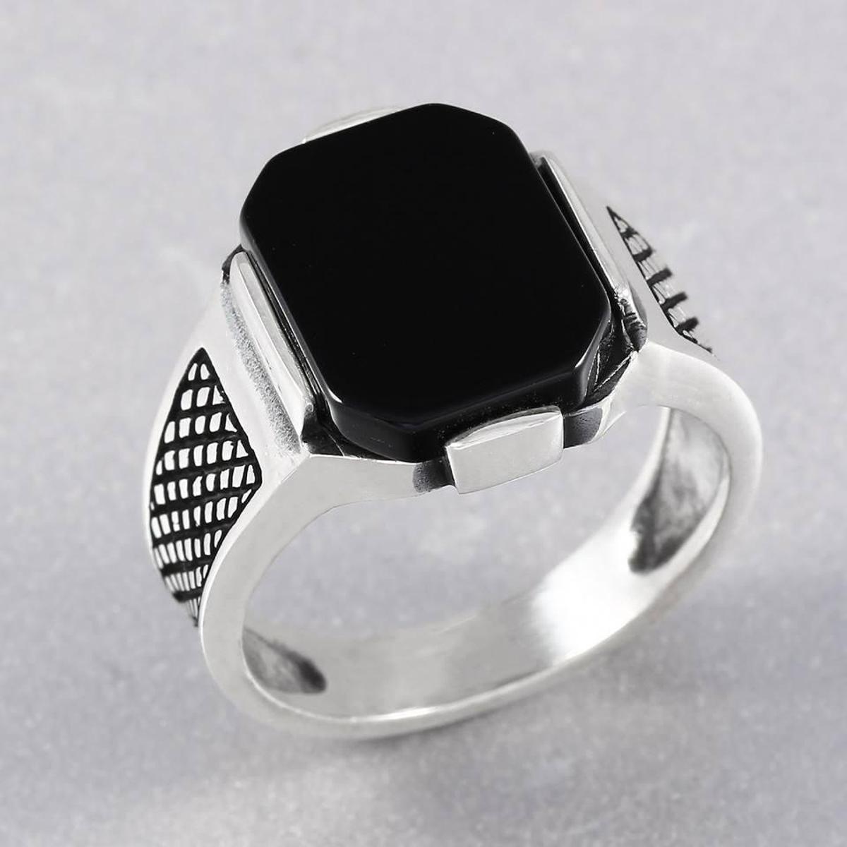 Picture of Black Natural Stone Mens Finger Ring Stainless Steel men and women