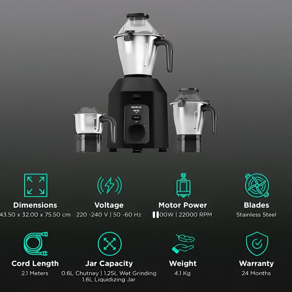 Picture of Havells Hexo Plus 1100 Watts Mixer Grinder (3 Jars)