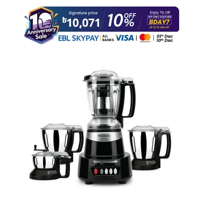 Picture of Panasonic 1500W Max (9-in-1) Heavy Duty Mixer Grinder, 4 Jars, 360 Degree Rotating Pusher , SS-304 Hardened Blade,  Double Safety Locking System (MX-AV425) Black 