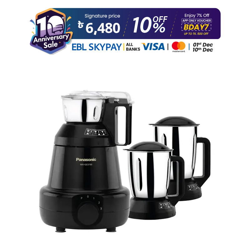 Picture of Panasonic 1200W Heavy Duty 6-in-1 Mixer Grinder, 3 Jars (MX-GE3750) Black