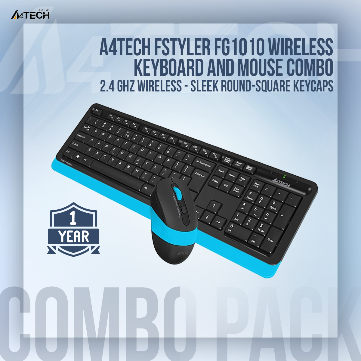 Picture of A4TECH Fstyler FG1010 Wireless Keyboard And Mouse Combo - 2.4 GHz Wireless - Sleek Round-Square Keycaps - 1000/1600/2000 DPI - Grey/Blue/Orange