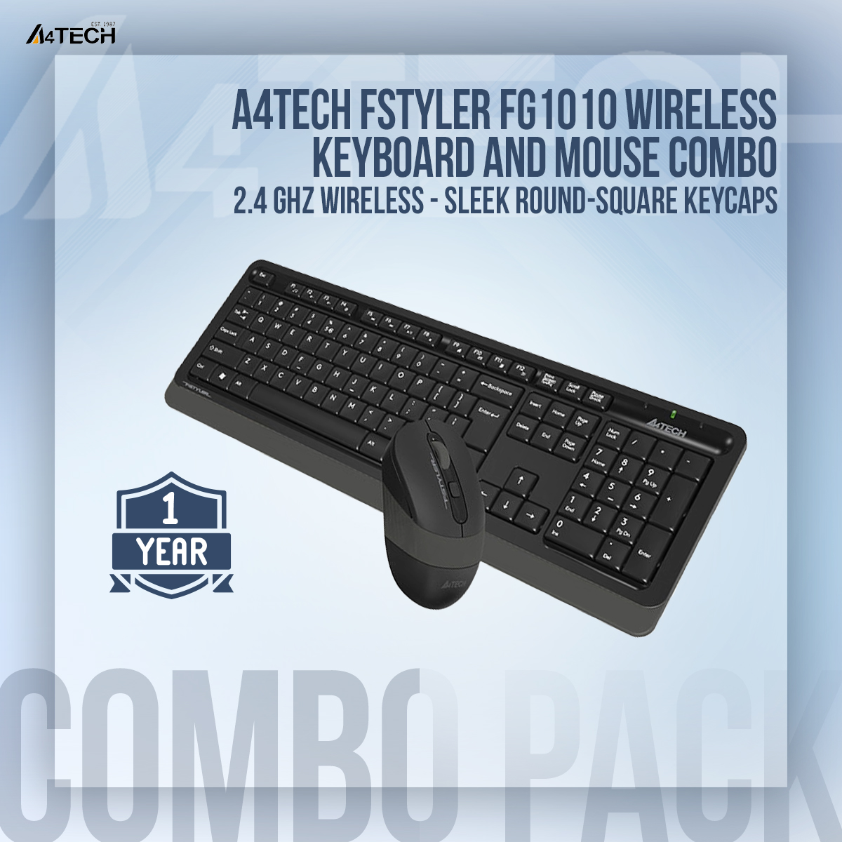 Picture of A4TECH Fstyler FG1010 Wireless Keyboard And Mouse Combo - 2.4 GHz Wireless - Sleek Round-Square Keycaps - 1000/1600/2000 DPI - Grey/Blue/Orange