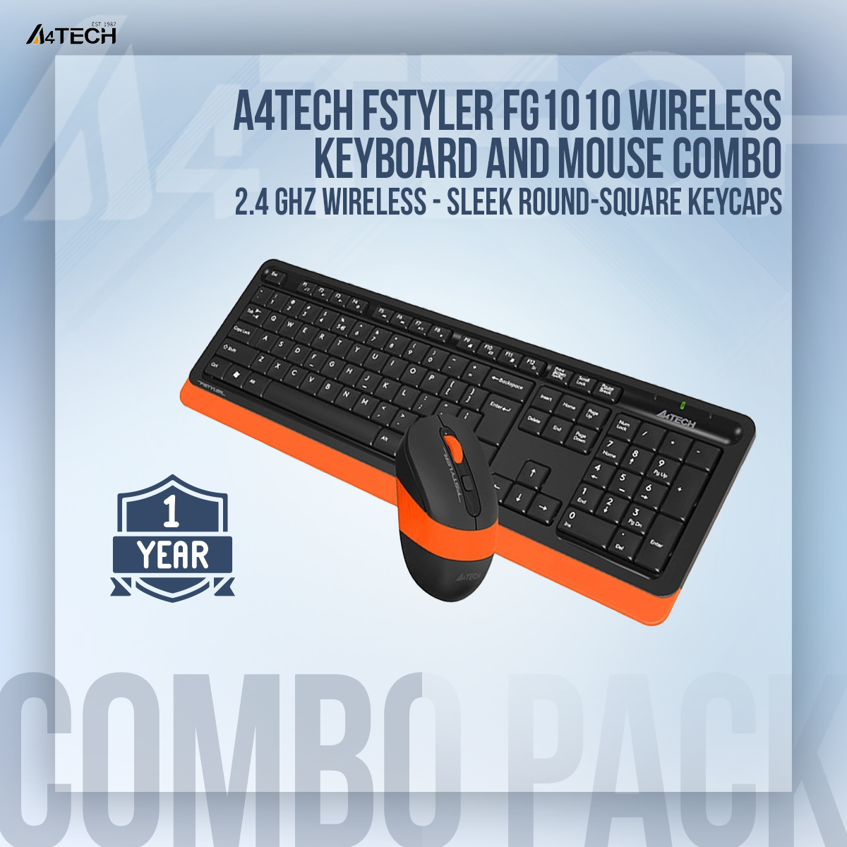 Picture of A4TECH Fstyler FG1010 Wireless Keyboard And Mouse Combo - 2.4 GHz Wireless - Sleek Round-Square Keycaps - 1000/1600/2000 DPI - Grey/Blue/Orange