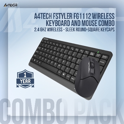 Picture of A4TECH Fstyler FG1112 Wireless Keyboard And Mouse Combo - 2.4 GHz Wireless - Sleek Round-Square Keycaps - 1200 DPI - Black