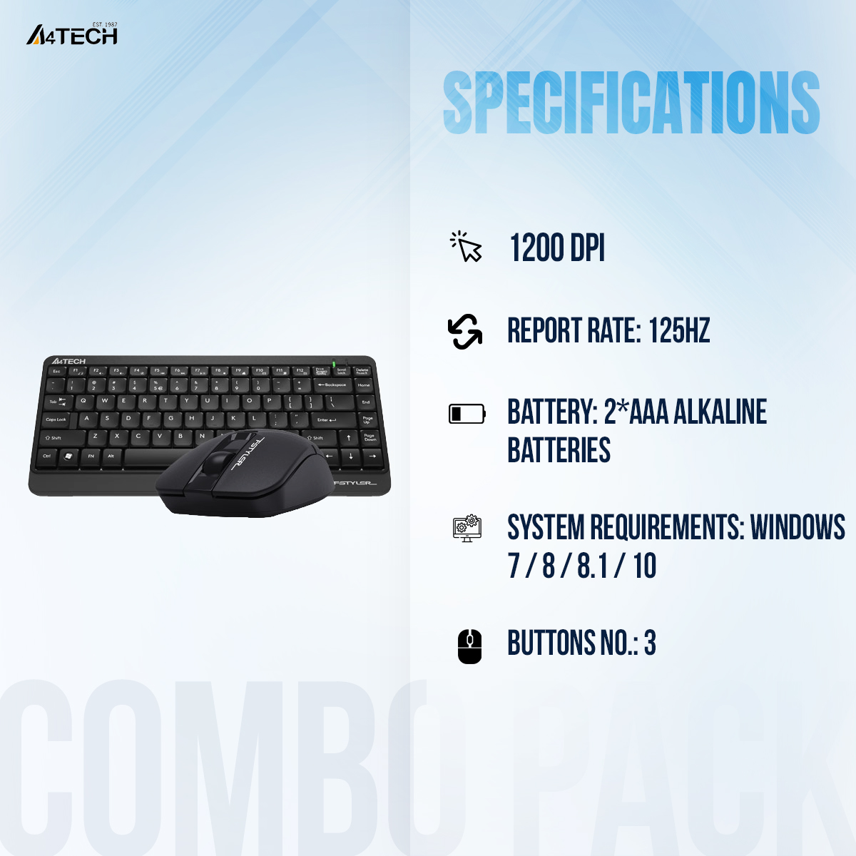 Picture of A4TECH Fstyler FG1112 Wireless Keyboard And Mouse Combo - 2.4 GHz Wireless - Sleek Round-Square Keycaps - 1200 DPI - Black