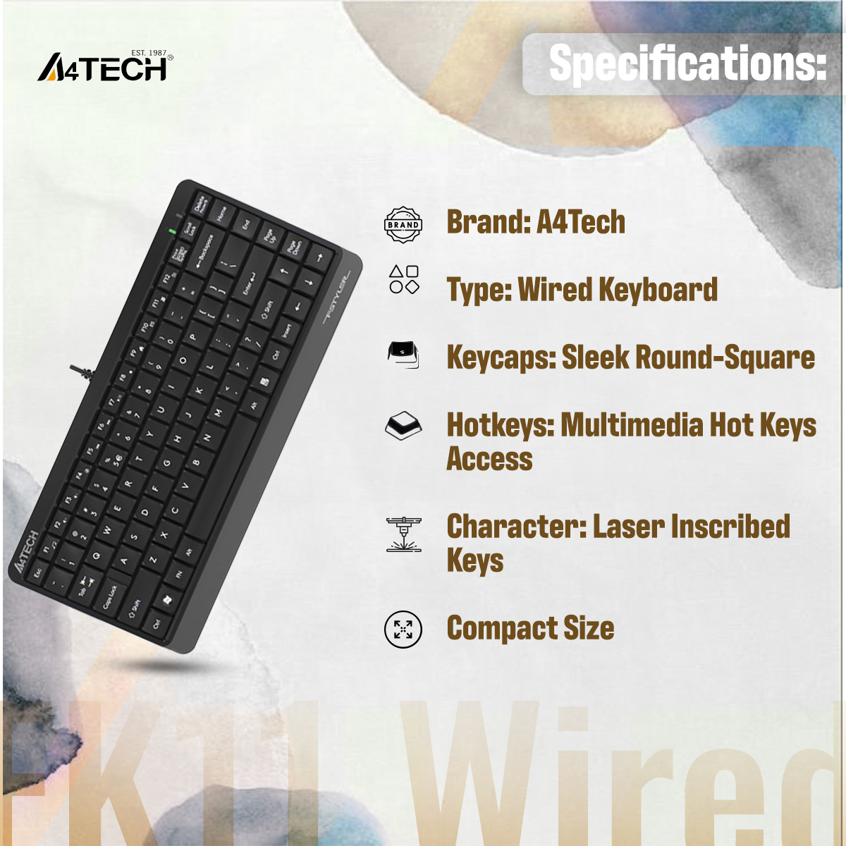 Picture of A4TECH FK11 Wired Mini Keyboard - Compact Size - Sleek Round-Square Keycaps - Multimedia Hot Keys - USB - For PC/Laptop - Black