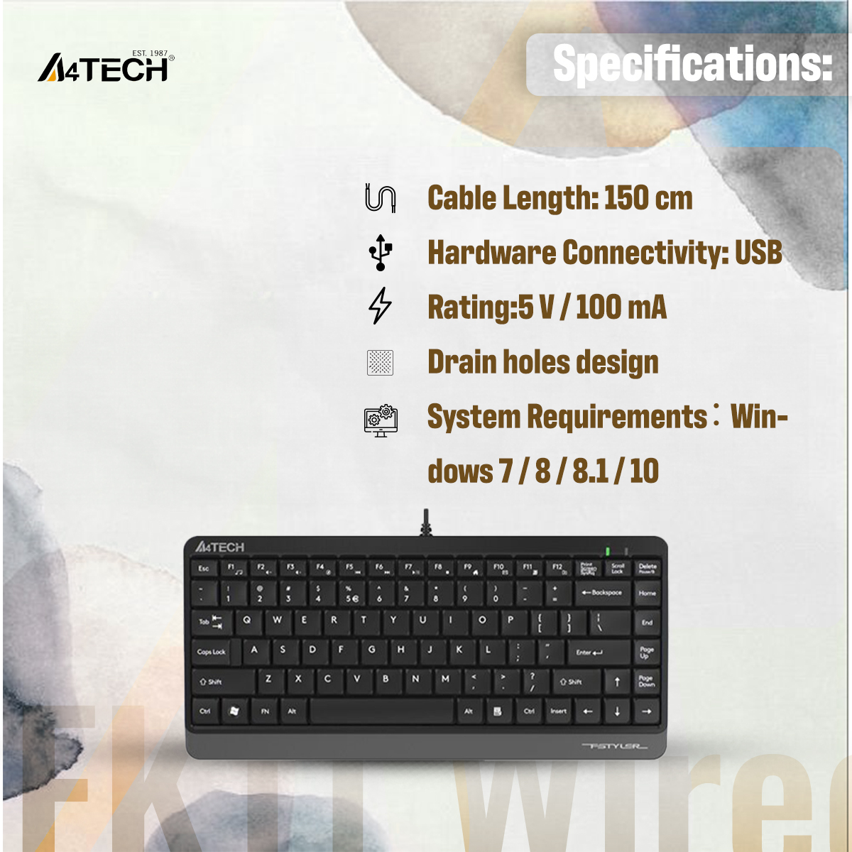 Picture of A4TECH FK11 Wired Mini Keyboard - Compact Size - Sleek Round-Square Keycaps - Multimedia Hot Keys - USB - For PC/Laptop - Black