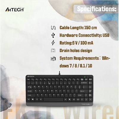 Picture of A4TECH FK11 Wired Mini Keyboard - Compact Size - Sleek Round-Square Keycaps - Multimedia Hot Keys - USB - For PC/Laptop - Black