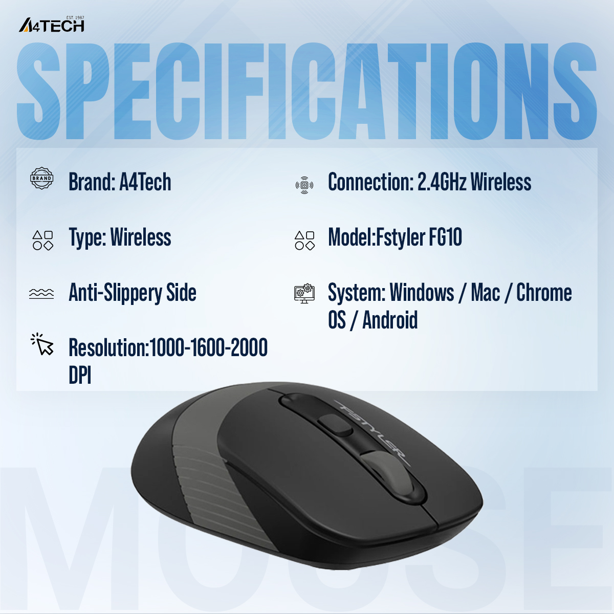 Picture of A4tech FG10 Fstyler Wireless Mouse - 2.4G Wireless Mouse - 2000 DPI - Grey/Blue/Orange