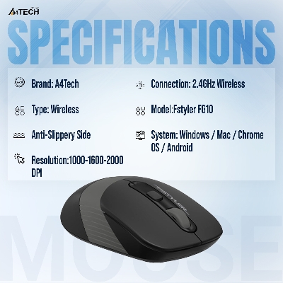 Picture of A4tech FG10 Fstyler Wireless Mouse - 2.4G Wireless Mouse - 2000 DPI - Grey/Blue/Orange