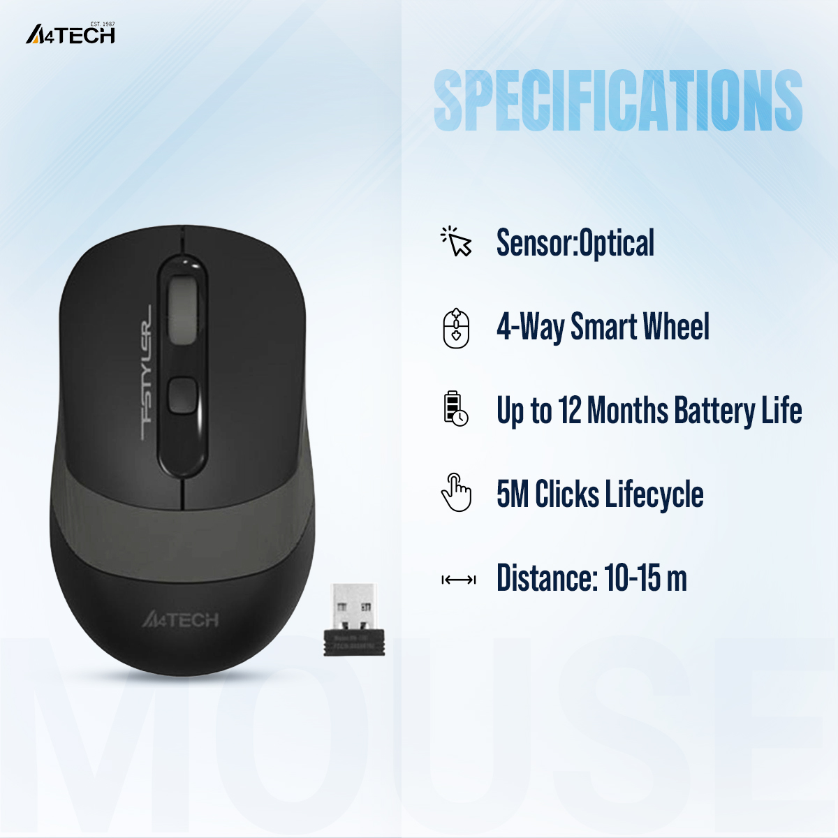 Picture of A4tech FG10 Fstyler Wireless Mouse - 2.4G Wireless Mouse - 2000 DPI - Grey/Blue/Orange