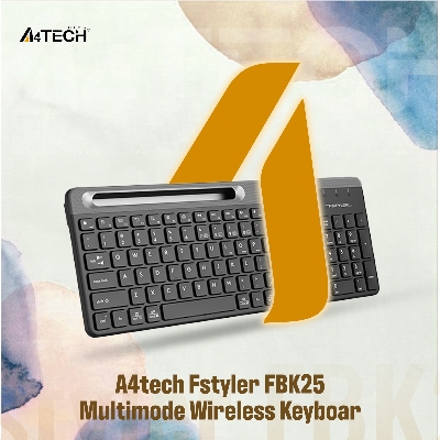 Picture of A4tech Fstyler FBK25 Multimode Wireless Keyboard - Bangla Layout - Bluetooth & 2.4G Wireless - Ultra Slim - Pairs upto 4 Devices - Smartphone Holder - For PC/Laptop/Smartphone/Tablet/Smart TV - Black