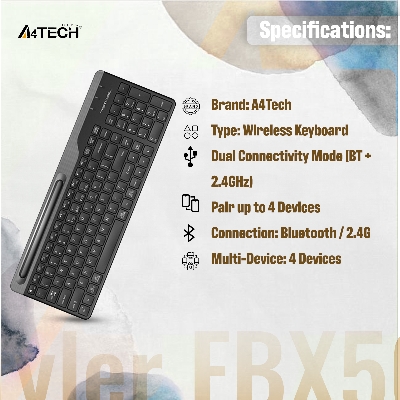 Picture of A4tech Fstyler FBK25 Multimode Wireless Keyboard - Bangla Layout - Bluetooth & 2.4G Wireless - Ultra Slim - Pairs upto 4 Devices - Smartphone Holder - For PC/Laptop/Smartphone/Tablet/Smart TV - Black