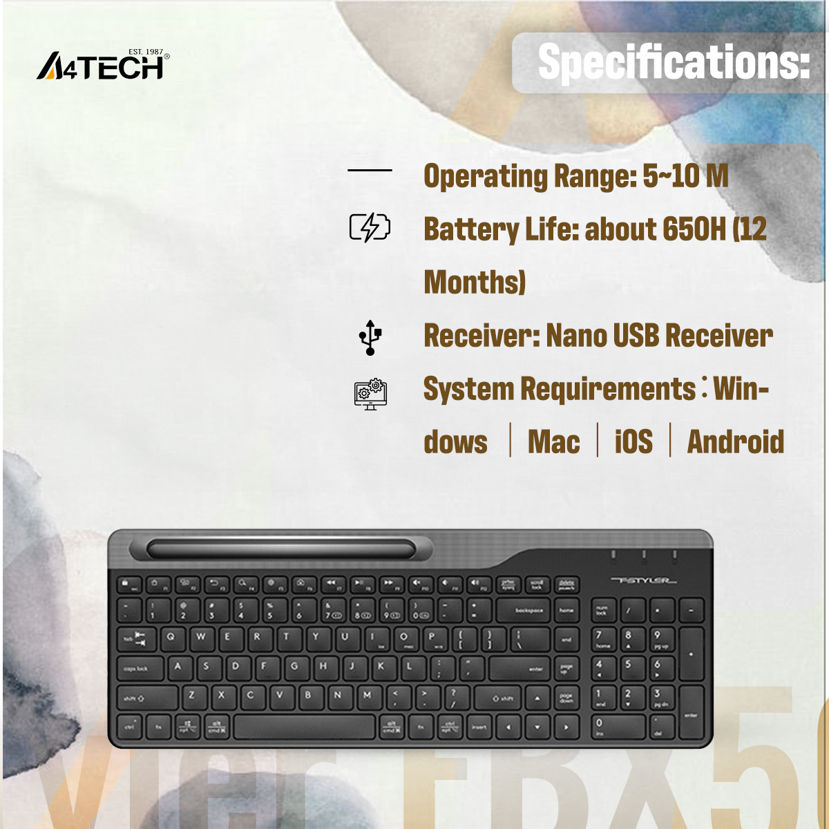 Picture of A4tech Fstyler FBK25 Multimode Wireless Keyboard - Bangla Layout - Bluetooth & 2.4G Wireless - Ultra Slim - Pairs upto 4 Devices - Smartphone Holder - For PC/Laptop/Smartphone/Tablet/Smart TV - Black