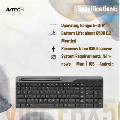 Picture of A4tech Fstyler FBK25 Multimode Wireless Keyboard - Bangla Layout - Bluetooth & 2.4G Wireless - Ultra Slim - Pairs upto 4 Devices - Smartphone Holder - For PC/Laptop/Smartphone/Tablet/Smart TV - Black