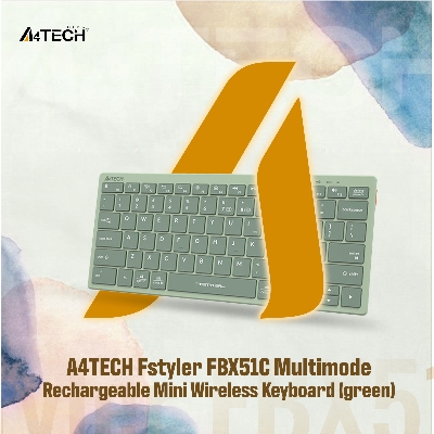 Picture of A4TECH Fstyler FBX51C Multimode Rechargeable Mini Wireless Keyboard - Dual Connectivity (Bluetooth + 2.4GHz) - Rechargeable Design - Chocolate Keycaps - For Windows / Mac / iOS / Chrome / Android / Harmony OS. - Grey/Matcha Green