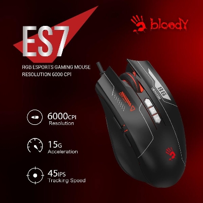 Picture of A4tech Bloody ES7 RGB eSports Gaming Mouse - 6000 CPI - RGB Lighting Effect - Key Response 1ms - Bloody Esports Software - Black