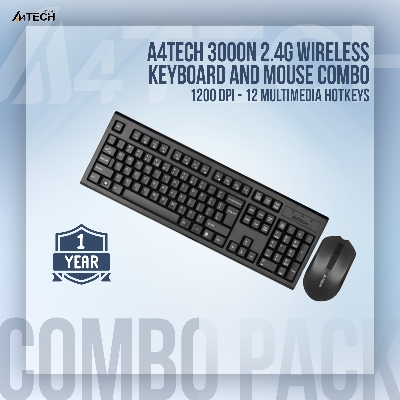 Picture of A4tech 3000N 2.4G Wireless Keyboard - Bangla Layout - 1200 DPI - 12 Multimedia Hotkeys - 12 Months Battery Life - For PC/Laptop - Black