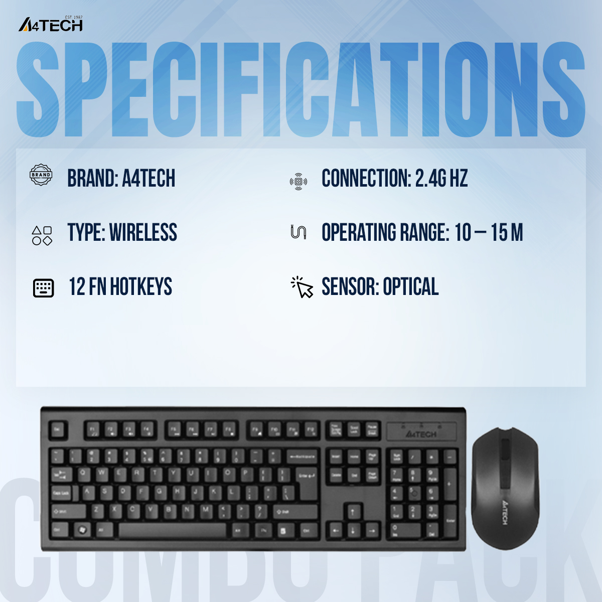 Picture of A4tech 3000N 2.4G Wireless Keyboard - Bangla Layout - 1200 DPI - 12 Multimedia Hotkeys - 12 Months Battery Life - For PC/Laptop - Black