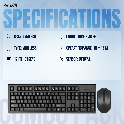 Picture of A4tech 3000N 2.4G Wireless Keyboard - Bangla Layout - 1200 DPI - 12 Multimedia Hotkeys - 12 Months Battery Life - For PC/Laptop - Black