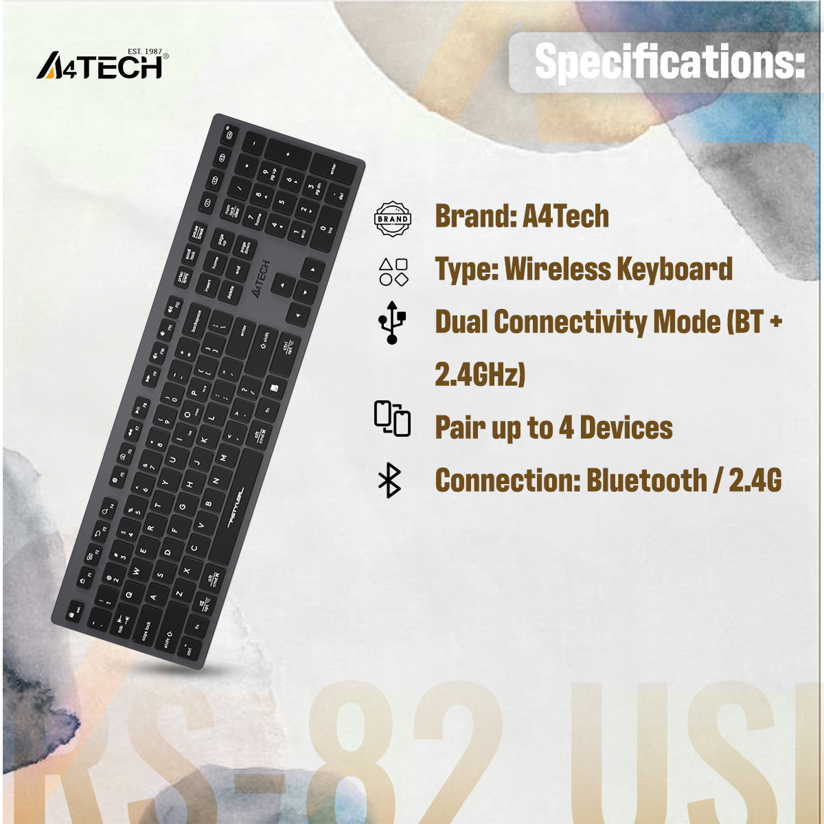 Picture of A4TECH Fstyler FBX50C Multimode Rechargeable Wireless Keyboard - Dual Connectivity (Bluetooth + 2.4GHz) - Rechargeable Design - Chocolate Keycaps - For Windows / Mac / iOS / Chrome / Android - Grey
