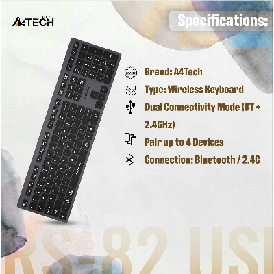 Picture of A4TECH Fstyler FBX50C Multimode Rechargeable Wireless Keyboard - Dual Connectivity (Bluetooth + 2.4GHz) - Rechargeable Design - Chocolate Keycaps - For Windows / Mac / iOS / Chrome / Android - Grey