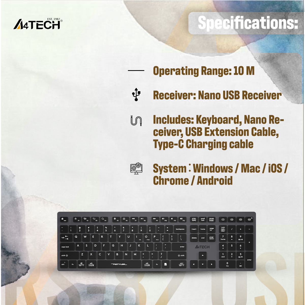 Picture of A4TECH Fstyler FBX50C Multimode Rechargeable Wireless Keyboard - Dual Connectivity (Bluetooth + 2.4GHz) - Rechargeable Design - Chocolate Keycaps - For Windows / Mac / iOS / Chrome / Android - Grey