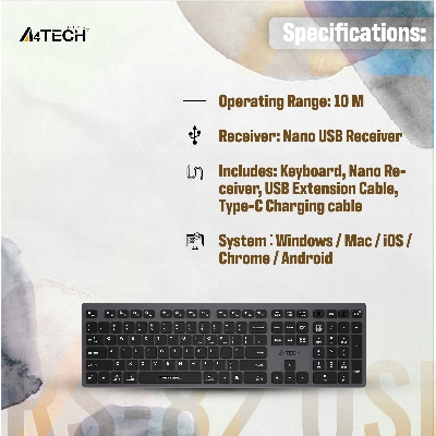 Picture of A4TECH Fstyler FBX50C Multimode Rechargeable Wireless Keyboard - Dual Connectivity (Bluetooth + 2.4GHz) - Rechargeable Design - Chocolate Keycaps - For Windows / Mac / iOS / Chrome / Android - Grey