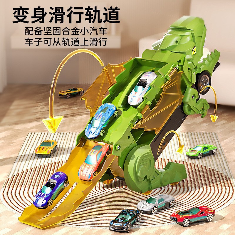 Picture of Super-Sized T-Rex 3-in-1 Car Transporter Toy – Multi-Mode Dinosaur Truck with Racing Slide, Storage Garage & Devouring Action for Die-Cast Cars