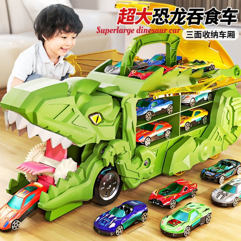 Picture of Super-Sized T-Rex 3-in-1 Car Transporter Toy – Multi-Mode Dinosaur Truck with Racing Slide, Storage Garage & Devouring Action for Die-Cast Cars