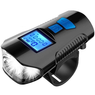 Picture of FABSPORTS Rechargeable ABS LED Bicycle Front/Head Light with USB with Speedometer, Odometer and is Waterproof, Suitable for All Mountain and Road Bicycle and Bikes (Black)